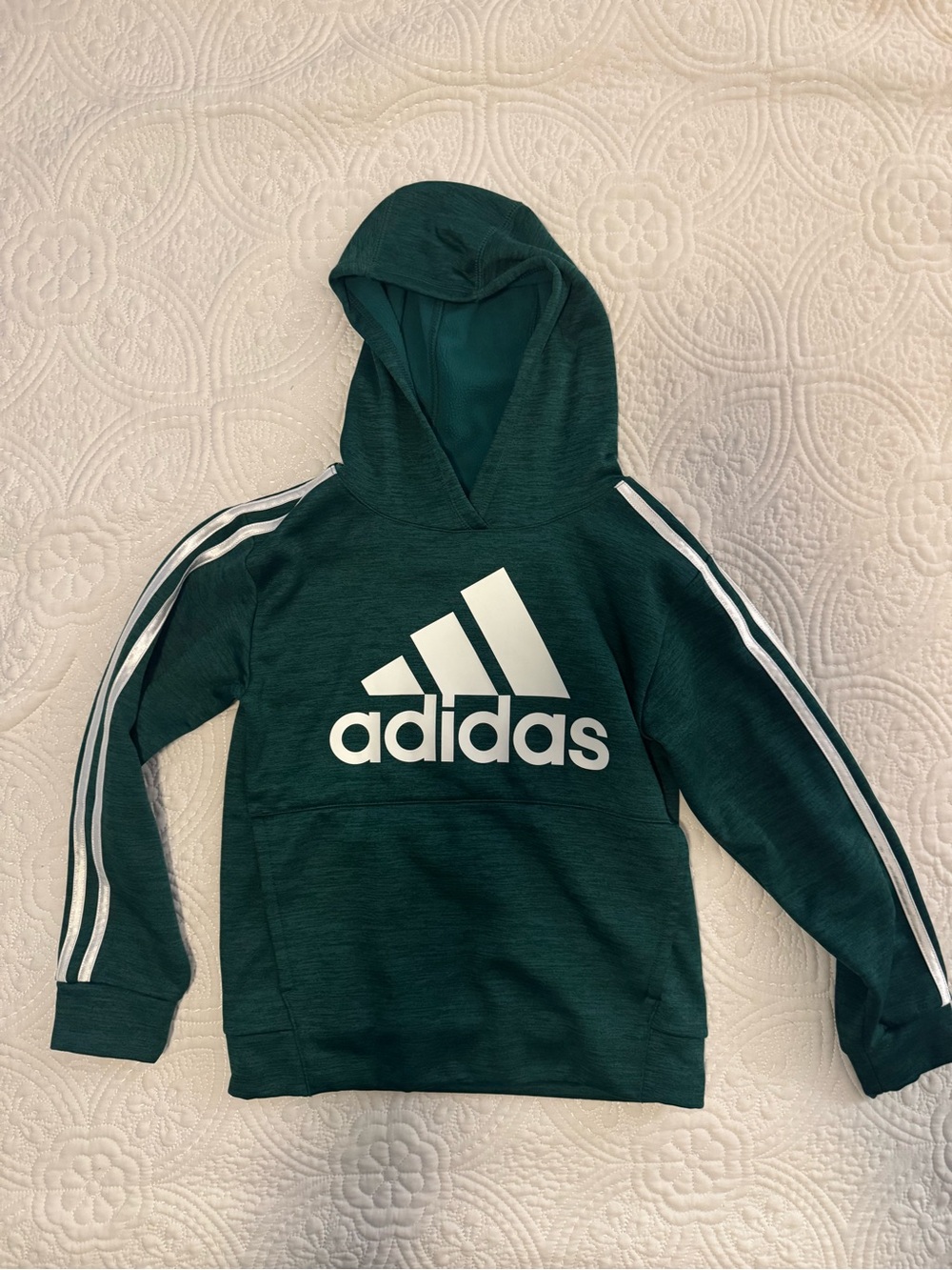 adidas Dark Green Kids Hoodie with White Logo & Stripes